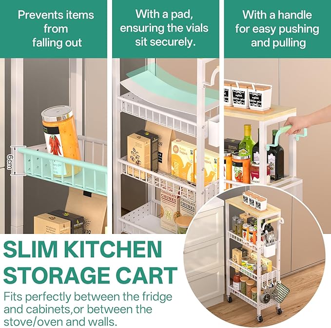 Slim Bathroom Storage Cart, 4 Tier Small Rolling Organizer Cabinet with Wood Top Handle, Mobile Shelving Unit Slide Out for Office, Kitchen, Laundry Room & Narrow Places (White, 9.1" W Overall)