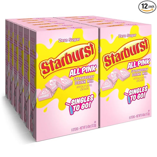 Starburst Singles To Go Powdered Drink Mix, All Pink Strawberry, 12 Boxes with 6 Packets Each - 72 Total Servings, Sugar-Free Drink Powder, Just Add Water, 6 Count (Pack of 12)