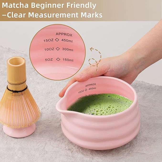 5pcs Premium Matcha Set,Ceramic Bowl with Spout and Bamboo Whisk set, Ceremonical Matcha Kit for breakfast/latte,Tea Starter Making Kit,Unique Matcha Gift set (pink)