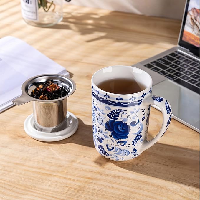 GBhome Tea Mug with Infuser and Lid, 18 Ounce Large Ceramic Loose Leaf Cup, Microwave, Dishwasher Safe, Perfect For Tea Lovers