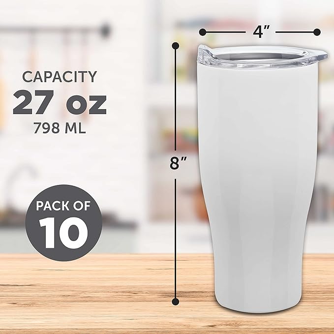 DISCOUNT PROMOS Stainless Steel Grip Travel Mugs 27 oz. Set of 10, Bulk Pack - Perfect for Coffee, Soda, Other Hot & Cold Beverages - White