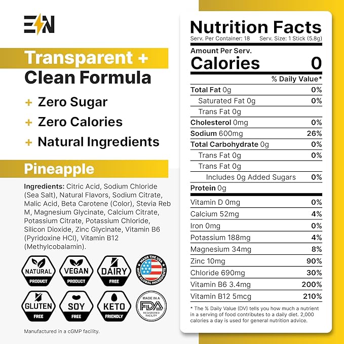 Engineered Nutrition Sugar-Free Electrolyte Powder Packets - Pineapple Flavor - Keto Hydration Packets w/Magnesium, Potassium & Sodium - Zero Calorie, Vegan, Non-GMO, Gluten-Free - 18 Single Servings