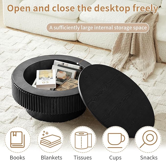 SZTHHDF Round Coffee Table for Living Room,Fluted Drum Accent Tea Center Table with Storage,Circle Modern Coffee Tables for Small Space Office Apartment (31.5" L×31.5''W×14''H-Black)