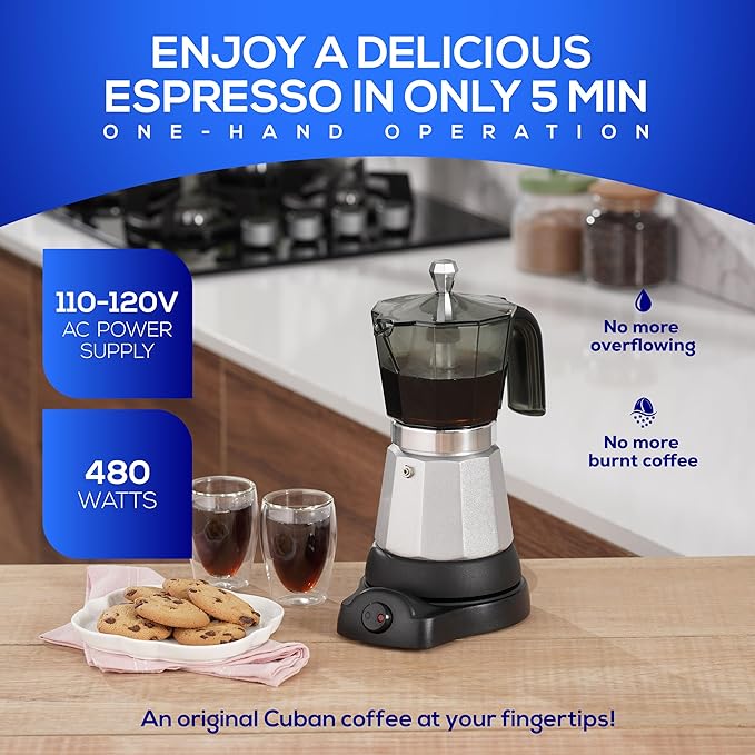 universal Electric Coffee Maker (6 Cups), Cuban Moka Pot (480 Watts), Gift for Coffee Lovers, Easy Brewing, Prepare Espresso Recipes: Italian, Latte, Macchiato & Mocaccino