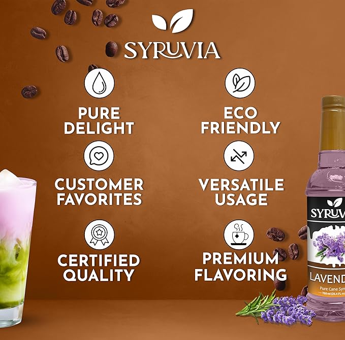 Syruvia Coffee Syrup, Lavender Flavored Syrup for Drinks, Lattes, and Desserts – 25.4 fl oz, With Pump