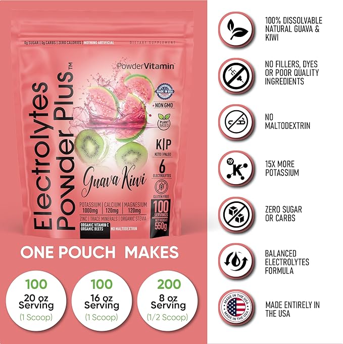 PowderVitamin Electrolytes Powder Plus (100 Servings) Guava Kiwi Electrolyte Powder, Zero Calorie, Keto, 0 Sugar, No Maltodextrin, 1000mg Potassium, 120mg Calcium, 120mg Magnesium, Hydration Powder