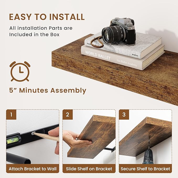 fuqing Floating Shelves for Wall, Wall Mounted Wood Floating Shelf with Invisible Brackets for Living Room, Bathroom, Bedroom, Kitchen Storage and Decor,6.5 Inch Set of 3, Rustic Brown