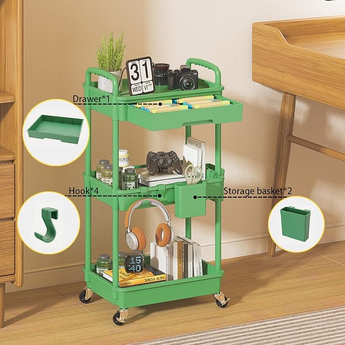 3 Tier Rolling Utility Cart with Drawer, Plastic Storage Organizer Rolling Carts with Wheels Handles Hanging Cups Hooks for Office, Bathroom, Kitchen,Craft Art Room (Green)