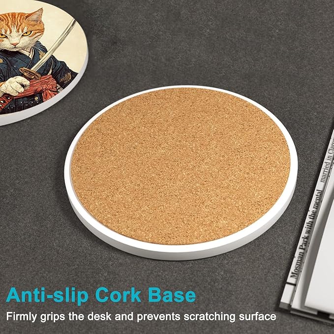 Ninja Cat Coasters Set of 8 Ceramic Cat Lover Gift Coasters with Holder for Table Bar Desk Anime Cat Decor