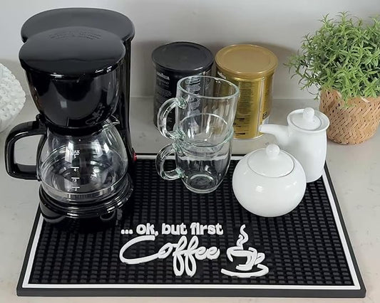 CALUVAR Coffee Bar Mat for Countertop 18x12 | "Ok But First Coffee" Rubber Barista Station Mat