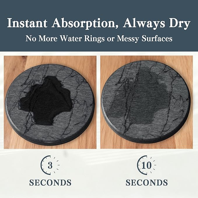 Stone Coasters for Drinks, Set of 4 (Dia. 4 in), Quick Absorbent Diatomaceous Earth Coaster with Aesthetic Marble Pattern, Desk & Coffee Table Decor, House Warming Gifts New Home - Dark Grey