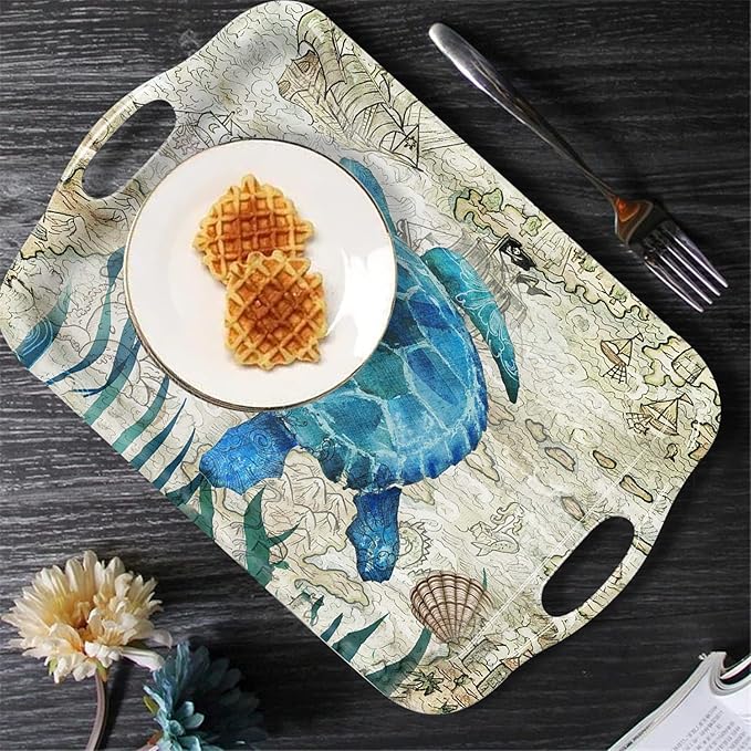Serving Tray Decorative Tray with Handles Multi-Purpose Rectangular Serving Trays for Restaurant, Parties, Coffee Table, Kitchen - Retro Turtle