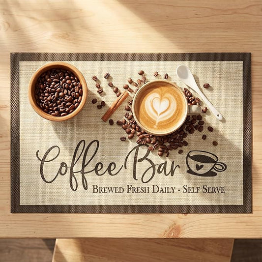 Artoid Mode Coffee Bar Mats Set of 2, 12x18 Inch Washable Non-Slip Plastic PVC Vinyl Table Mats for Coffee Machine, Countertops