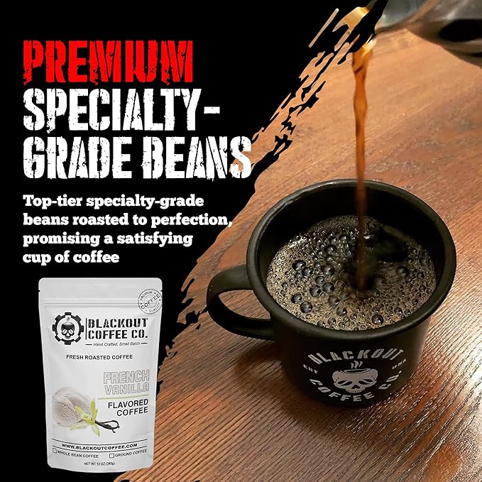 Blackout Coffee French Vanilla Flavored Ground Coffee – Smooth Taste, Guilt-Free Indulgence – Freshly Roasted 12oz Pouch
