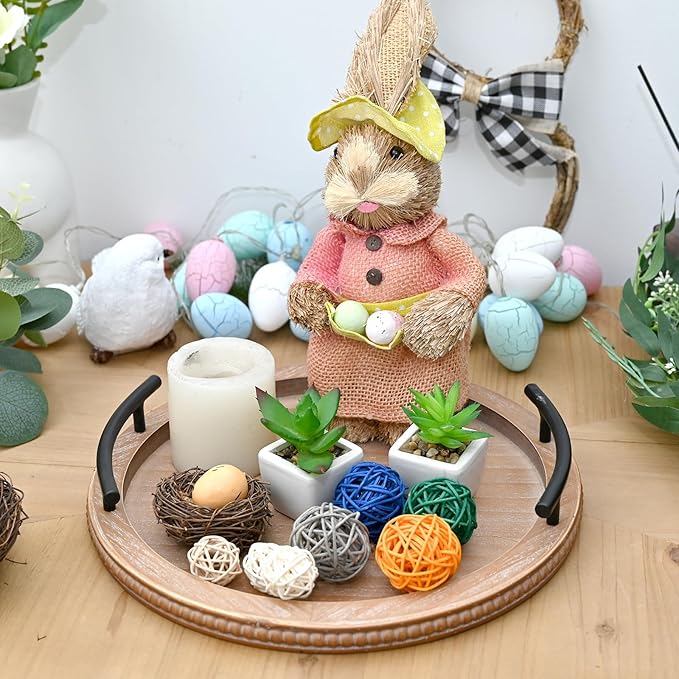 SwallowLiving Brown Wooden Beaded Serving Tray with Handle Decorative Rustic Tray for Coffee Table Farmhouse Round Tray for Kitchen, Living Room and Bedroom