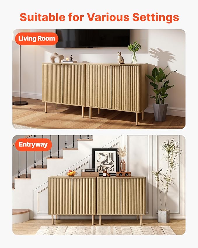 VEVOR Buffet Cabinet, Sideboard Cabinet with 2-Tier Storage, Coffee Bar Cabinet with Adjustable Shelves, Fluted Sideboard Buffet for Hallway, Entryway, Living Room, or Kitchen, Oak(2pcs)
