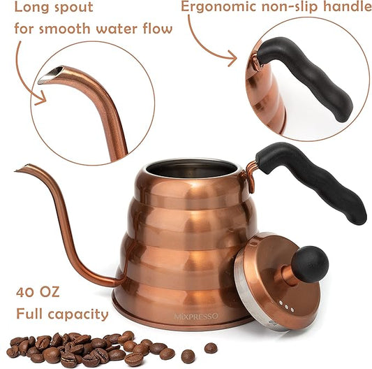 Mixpresso Gooseneck Pour Over Coffee Kettle, Barista Pour Control Design For Coffee & Tea High-Grade Stainless Steel 1.2 Liter (40 Oz) Drip Coffee Induction Cooker, Copper Stovetop Kettle