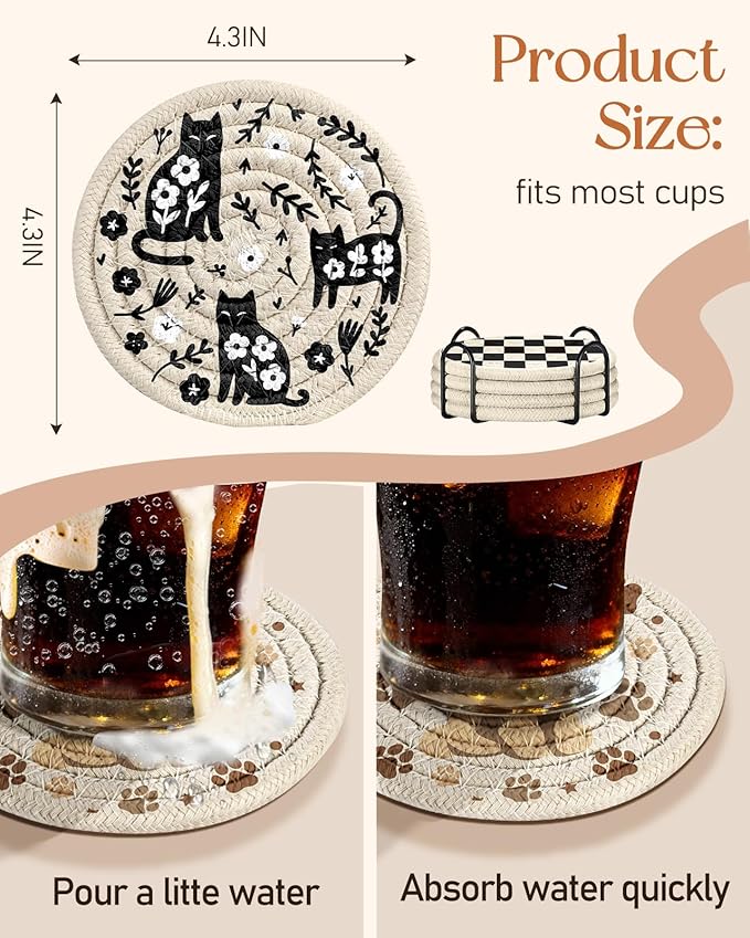 Drink Coasters Set of 4 - Cute Absorbent Cup Coasters for Drinks Coffee Table Office Home Desk Decor Soft Woven Cotton Cloth Braided Fabric Drinking Cup Mat with Holder Kawaii Cat Dog Animals