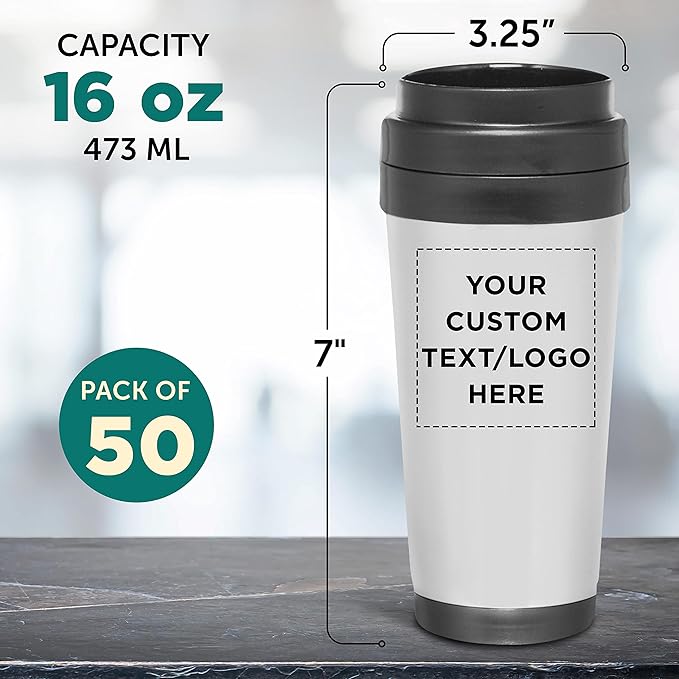 Custom Insulated Stainless Steel Travel Mugs 16 oz. Set of 50, Personalized Bulk Pack - Perfect for Iced Coffee, Soda, Other Hot & Cold Beverages - Stainless Steel