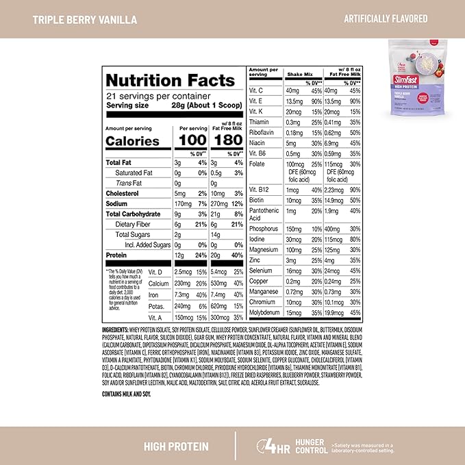 SlimFast High Protein Fruit Powder, Triple Berry Vanilla, Protein Powder Meal Replacement, 21 Servings, + SlimFast Hydration Packets, Electrolytes, Interrmittent Fasting, Apple Cider Vinegar, 12 Count