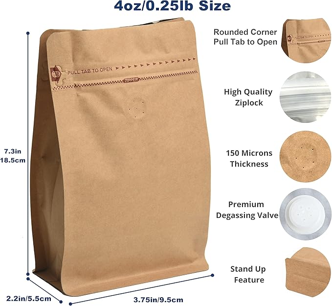 100 Count 0.25 lb Kraft Paper Coffee Bags - High Barrier Kraft & Foil Liner - Flat Bottom Coffee Pouches with Degassing Valve, Food Storage Bags with Rsealable Zipper & Easy Open Tape (100pcs,