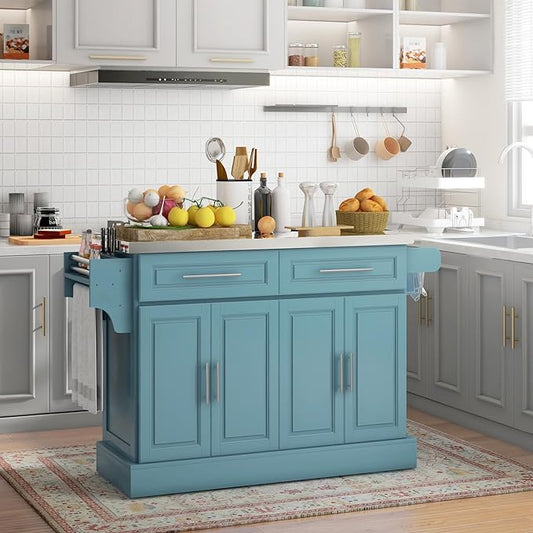 HOMCOM Rolling Kitchen Island Cart with 47" Stainless Steel Top, Portable Island Table for Kitchen with Wheels, Adjustable Shelves, 2 Drawers, Spice, Knife and Towel Rack, Teal Blue