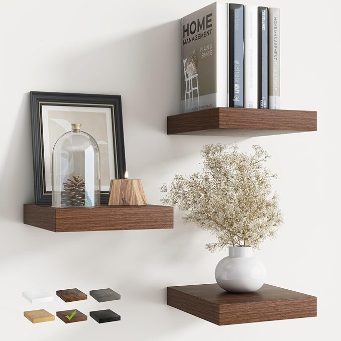 Floating Shelves for Wall with Invisible Brackets, Wall Mounted Engineered Wood Shelves with Wood Grain for Living Room, Bedroom, Bathroom, Kitchen Decor and Storage, Oak, 8"L Set of 3, Walnut