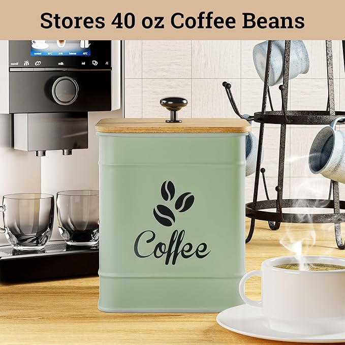 Airtight Coffee Canister - 40 oz Large Iron Sage Green Container Airtight - 6 x 8 inch Metal Jar - Stylish Countertop Container for Coffee Grounds, Beans & Pods with Rubber-Lined Bamboo Lid