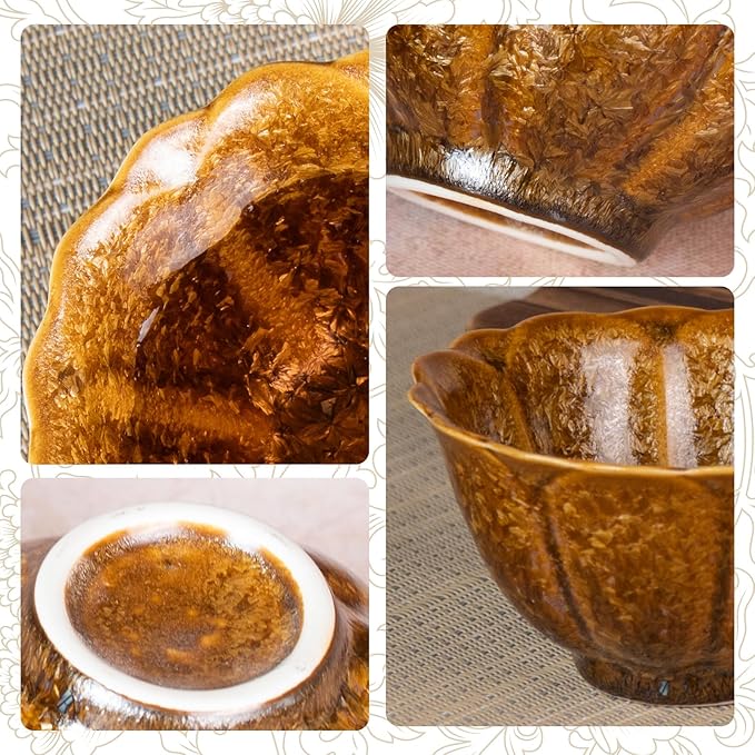 KAMMAK Ceramic Tea & Coffee Cups Set of 2 - Vintage Crystalline Glaze Espresso Mugs, 4.7oz Hand Painted for Afternoon Tea or Coffee, Birthday Gift for Women Men, Flower-shaped Cup