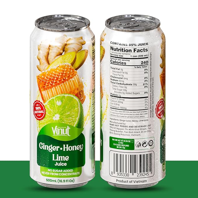VINUT Ginger, Honey & Lime Juice, 85% Juice, No Added Sugar, Not From Concentrate, 16.9 fl oz (500 mL) Can, Pack of 12
