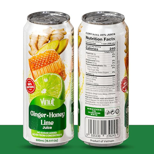 VINUT Ginger, Honey & Lime Juice, 85% Juice, No Added Sugar, Not From Concentrate, 16.9 fl oz (500 mL) Can, Pack of 12