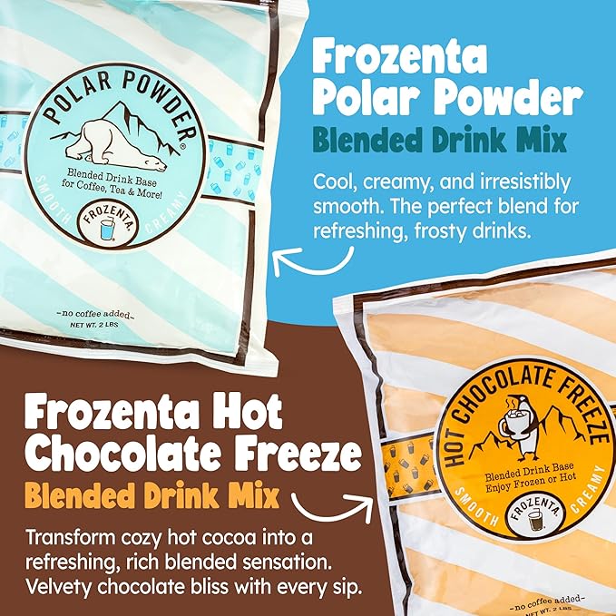 Frozenta At Home Freeze Frozen Beverage Mix used with Milk, Cold Brew and Espresso to create frozen Frappes, Mochas, Lattes and Hot Chocolate too (20 Servings, Hot Chocolate Powder)