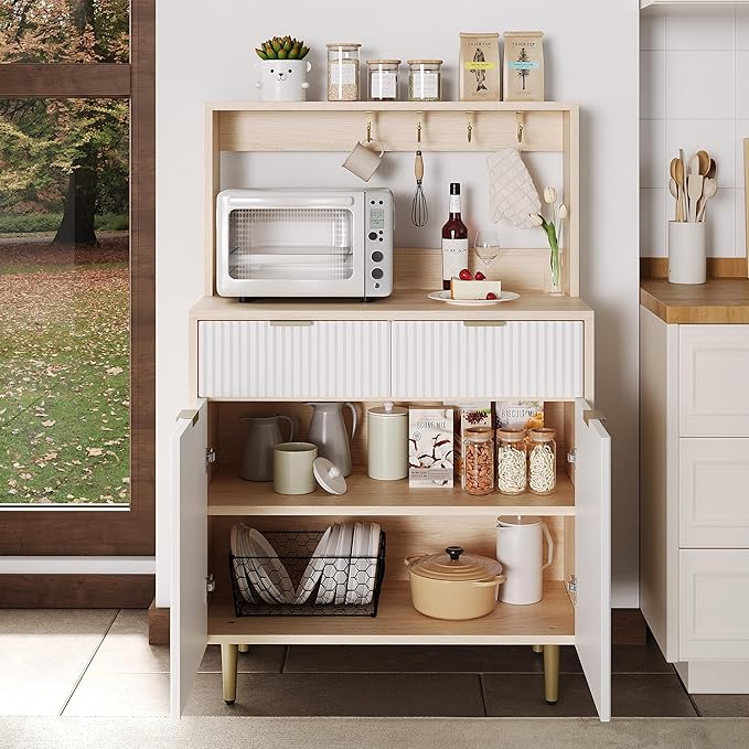 GarveeHome Fluted Sideboard Buffet Cabinet with Storage, Small Modern Coffee Bar Cabinet with Adjustable Shelves & 2 Drawers, Wood Buffet Console Table for Kitchen Dining Room Living Room