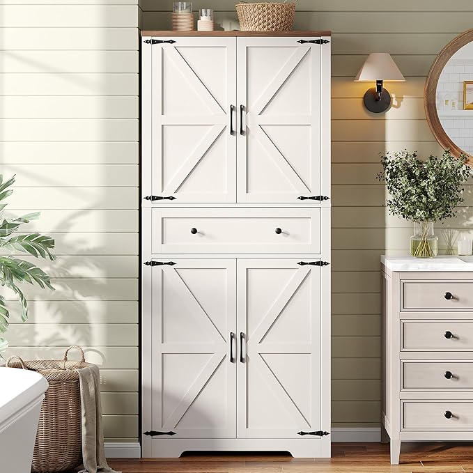 71" Tall Kitchen Pantry Storage Cabinet with Barn Doors and Shelves, White Farmhouse Linen Storage Cabinet With Drawers, Free standing Food Pantry Cabinets for Kitchen, Dining Room, Living Room