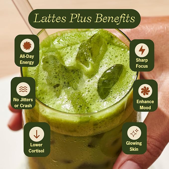 Clevr Organic Matcha Green Tea Latte, Instant Ceremonial Grade, Superfood Powder Blend with Oat Milk, Lions Mane, Reishi Mushroom, Coconut Cream, Ashwagandha, Serve Hot or Iced, (14 Lattes)