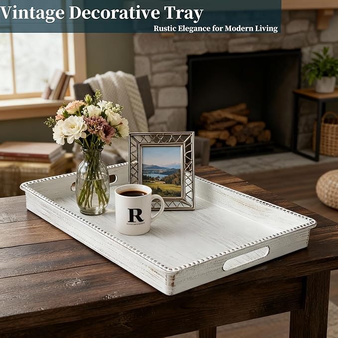 Zosenley Decorative Tray, Rectangular Plastic Tray with Handles, Modern Vanity Tray and Serving Tray for Bathroom, Kitchen, Ottoman and Coffee Table, 15.6” x 10.2” (Retro White)