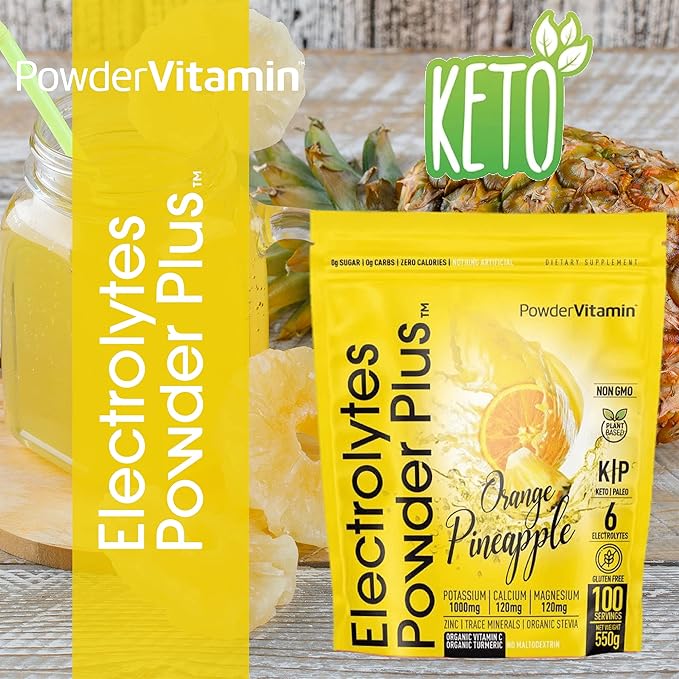 PowderVitamin Electrolytes Powder Plus (100 Servings) Orange Pineapple Electrolyte Powder Zero Calorie, Keto, 0 Sugar, No Maltodextrin,1000mg Potassium,120mg Calcium,120mg Magnesium, Hydration Powder
