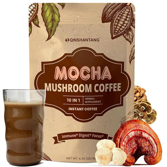 Mushroom Coffee with Cocoa Powder, Mushroom Mocha Instant Coffee Blend | 10 Mushrooms Supplement, Coconut and MCT | Supports Focus, Energy | Sugar-Free, Vegan, Gluten-Free, Non-GMO | 6.35 OZ