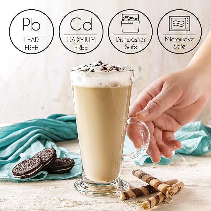 Crystalia Tall Irish Coffee Mugs with Handle, Large Colombian Glasses Set of 2, Tall Funnel Clear Glasses for Iced Coffee, Latte, Cappuccino, and Hot Chocolate, Big Plain Glass (Large 12 oz)