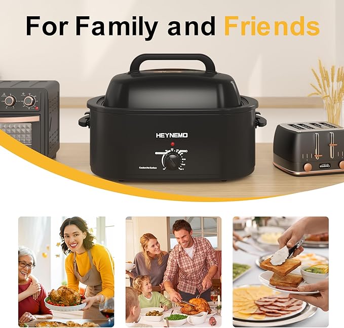 26 Quart Electric Roaster Oven with Visible & Self-Basting Lid, Large Turkey Roaster with Defrost Warm Function, Adjustable Temperature, Removable Pan Rack, Stainless Steel, Black
