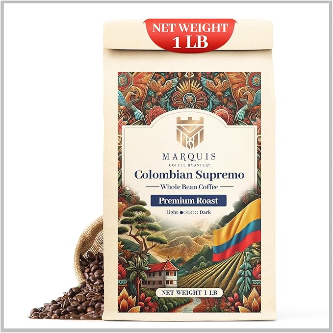 Marquis - Colombian Supremo Coffee Beans, Rich and Bold, Fresh Coffee with a Heady Aroma, Premium Light Roast Colombian Whole Beans, 1 lb