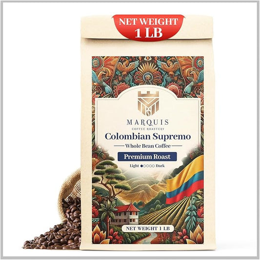 Marquis - Colombian Supremo Coffee Beans, Rich and Bold, Fresh Coffee with a Heady Aroma, Premium Light Roast Colombian Whole Beans, 1 lb