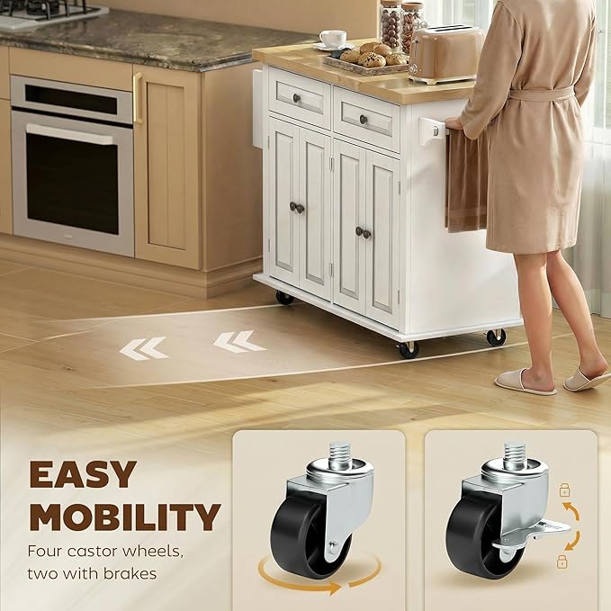 HOMCOM Kitchen Island Cart with Rubber Wood Top, Rolling Kitchen Island Table on Wheels with Drawers, Adjustable Shelves, Spice Rack and Towel Rack for Dining Room, White