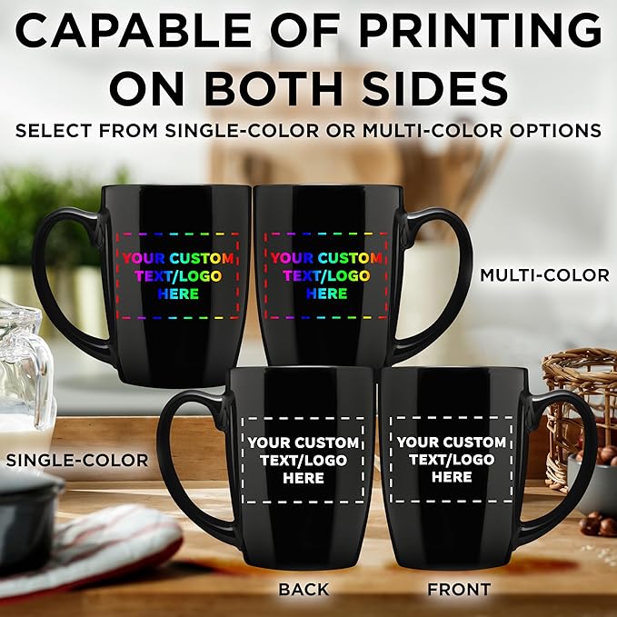 DISCOUNT PROMOS Custom Curved Java Coffee Mug 12 oz. Set of 10/50/100 - Personalized Bulk Pack - Stoneware Restaurant Cups - Black