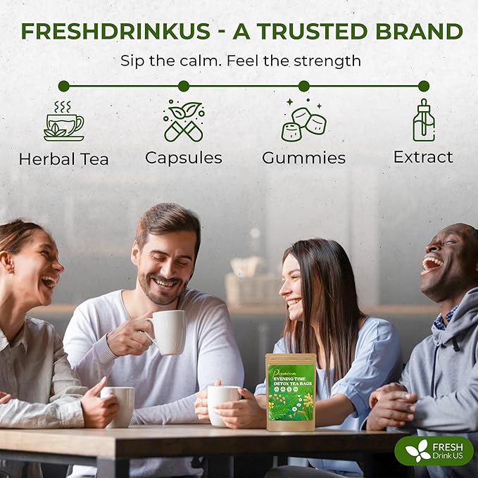 FreshDrinkUS, Evening Time Herbal Tea – 30 Tea Bags – Caffeine-Free Blend with Senna, Peppermint, Chamomile, Licorice, Ginger, Reishi Mushroom – Relaxing Herbal Infusion – Non-GMO & Natural