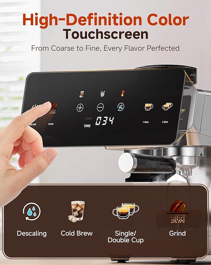 AMZCHEF Espresso Machine with Grinder: 20 Bar Semi Automatic Coffee Machine with 44 Grind Settings, 4-Temperature for Hot & Cold Brew | 8mm Milk Frother for Latte & Cappuccino,Stainless Steel