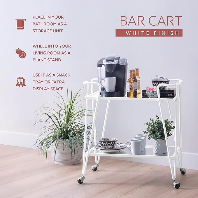 Gina White Mid-Century Bar Cart with Mirrored Shelves and Locking Wheels by Linon