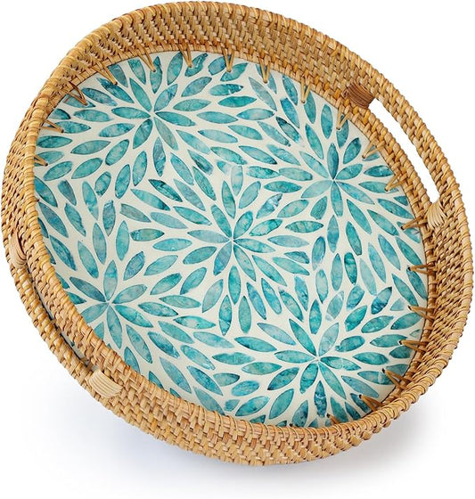 YANGQIHOME Round Rattan Tray with Handle, Mother of Pearl Inlay Decorative Wicker Basket for Coffee, Bread, Fruits, Serving Tray for Home Decor, Blue Flower