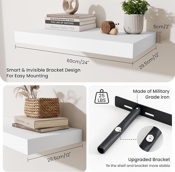 Fun Memories 24 Inch Floating Shelves Wall-Mounted, 12 Inch Deep Wall Shelves, 24 x 12 Floating Shelf, Deep Storage Shelf for Living Room Bathroom Bedroom, White, Set of 2