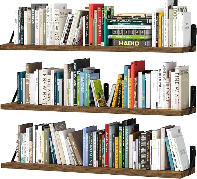upsimples Floating Book Shelves for Wall, 35.4 Inches Long Floating Wood Shelves for Living Room, Library, Bedroom, Office Organizer and Storage, Brown